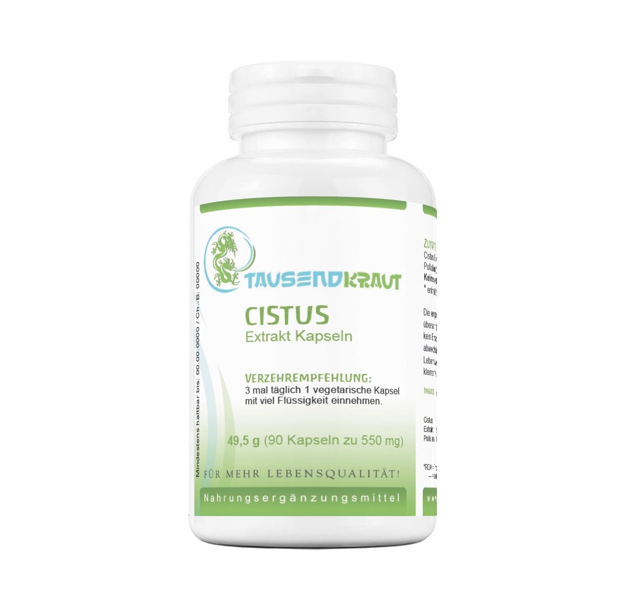 Weiße Flasche mit Kapseln. Aufschrift: Cistus Extrakt Kapseln. Grüne Schrift und Logo. Nahrungsergänzungsmittel.