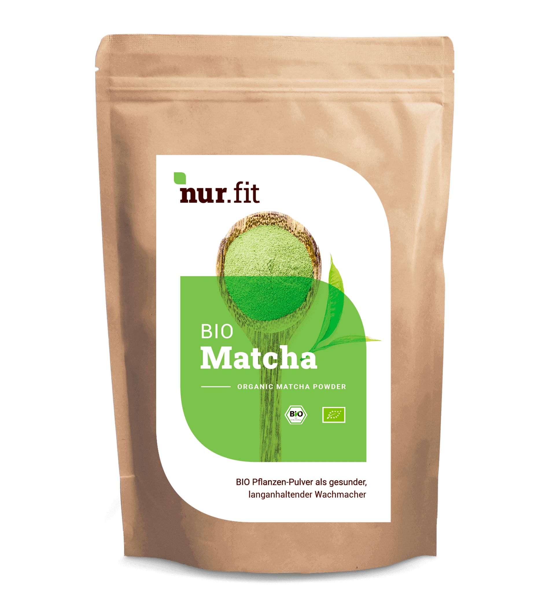 Beutel mit BIO Matcha Pulver. Grün, mit Logo und Schriftzug. BIO-Siegel.