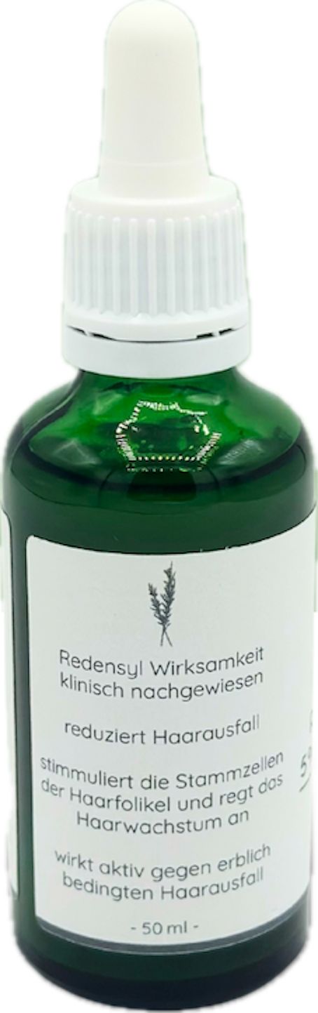 Grüne Glasflasche mit weißem Etikett. Text: "Redensyl Wirksamkeit klinisch nachgewiesen". Mit Pipette.