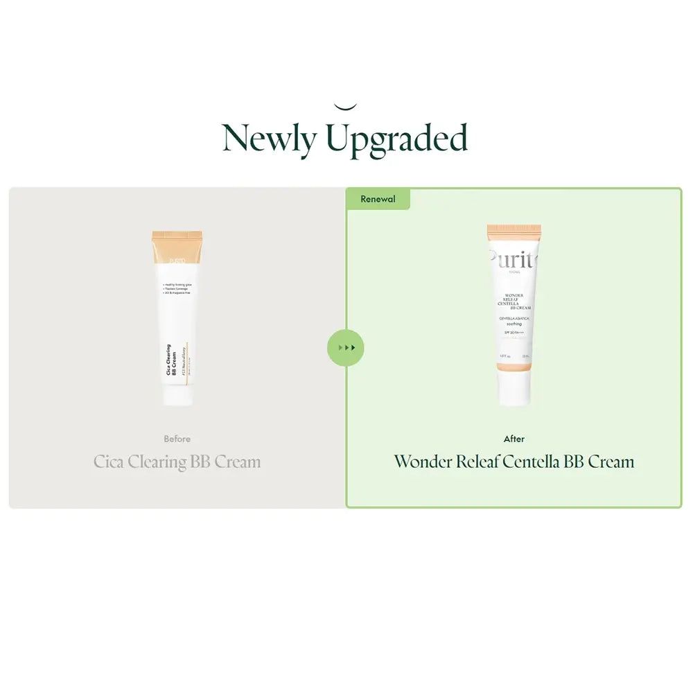 Vergleich: Purito Cica Clearing BB Cream (vorher) und Wonder Releaf Centella BB Cream (nachher).