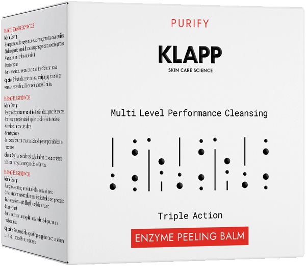 Klapp Multi Level Performance Cleansing Enzyme Peeling Balm. Weißes Tiegel mit Produktnamen und Beschreibung. Deckel.