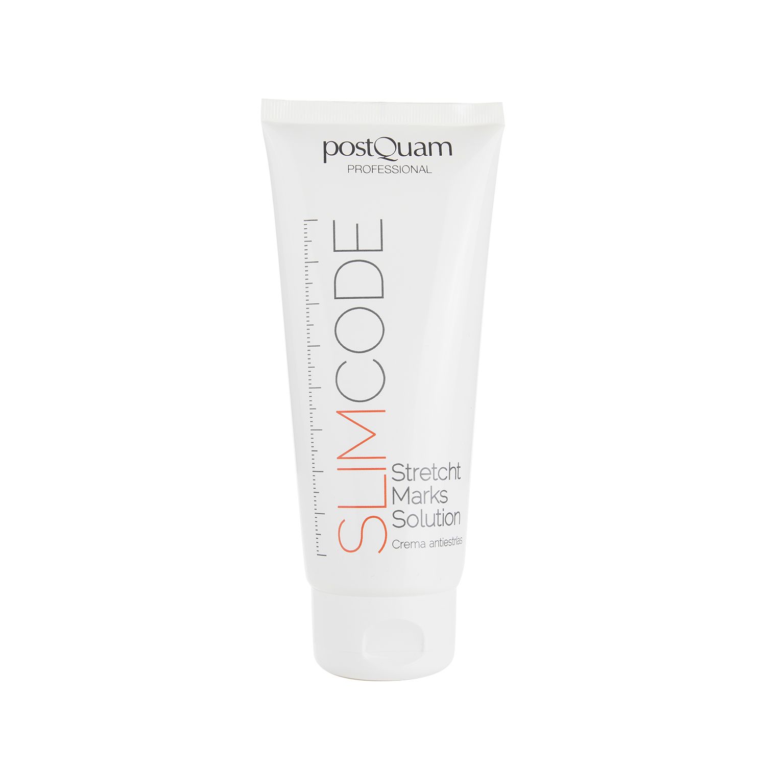 Weiße Tube mit roter Aufschrift SLIMCODE und Stretch Marks Solution. Marke Postquam.