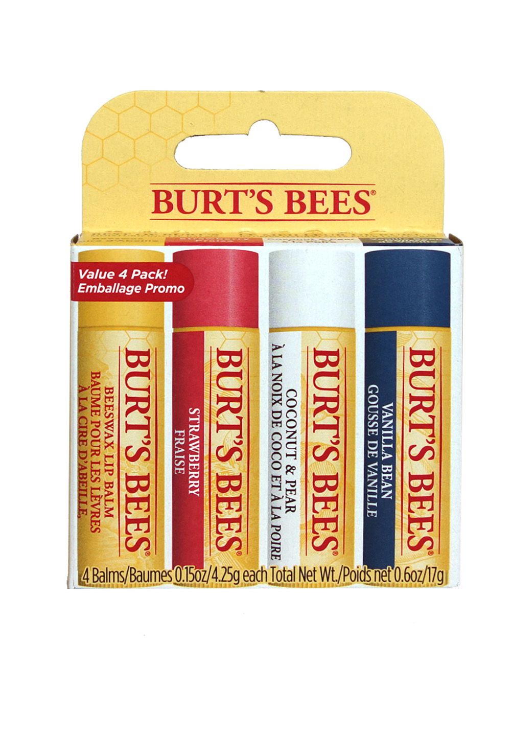 Vier Lippenbalsam-Stifte in einer Verpackung. Aufschrift: BURT'S BEES. Aromen: Erdbeere, Kokosnuss & Birne, Vanille. Gelb-braune Verpackung.