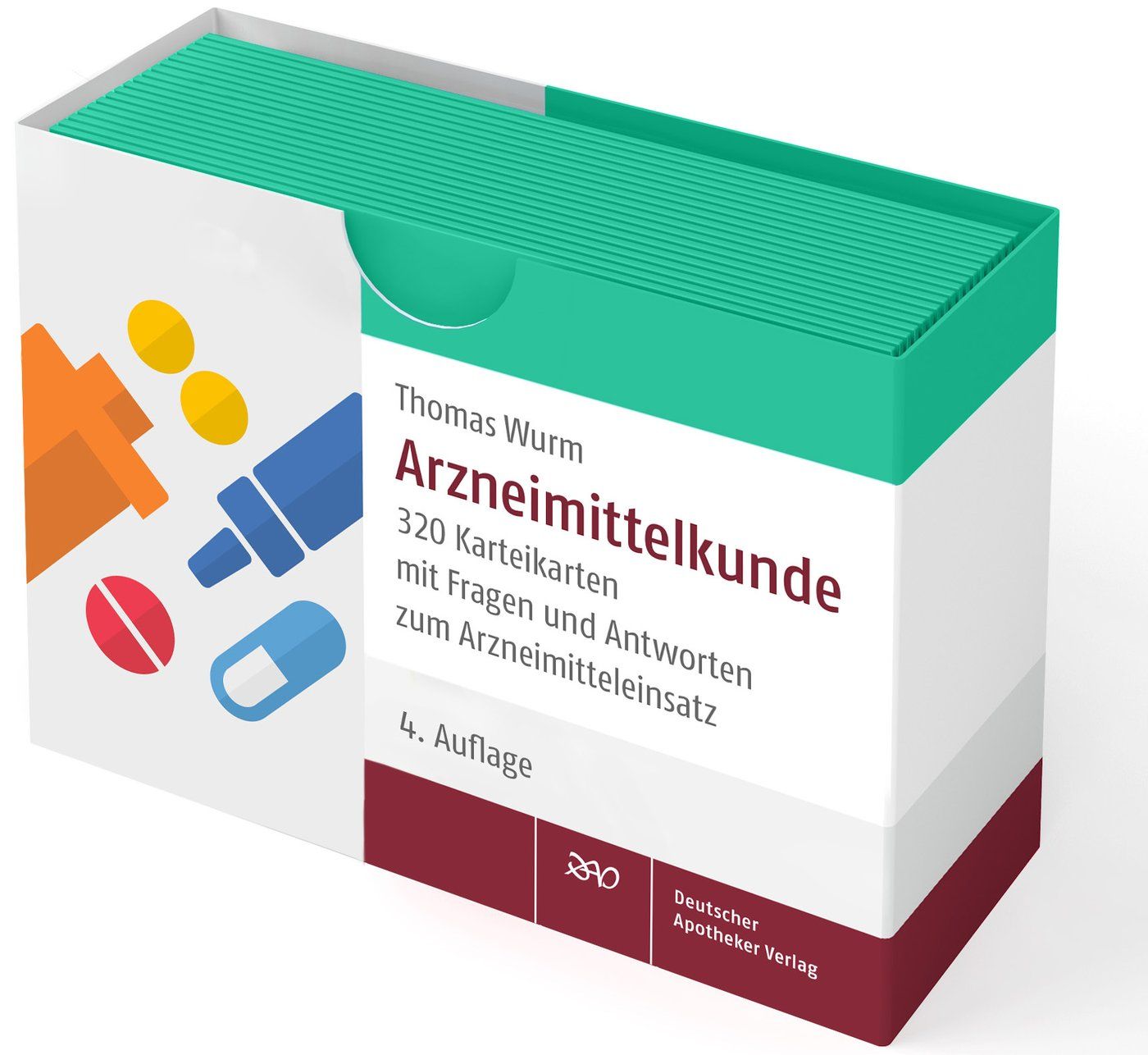 Kartenbox mit dem Titel "Arzneimittelkunde" von Thomas Wurm. Enthält 320 Karteikarten. Aufdruck: Deutscher Apotheker Verlag.
