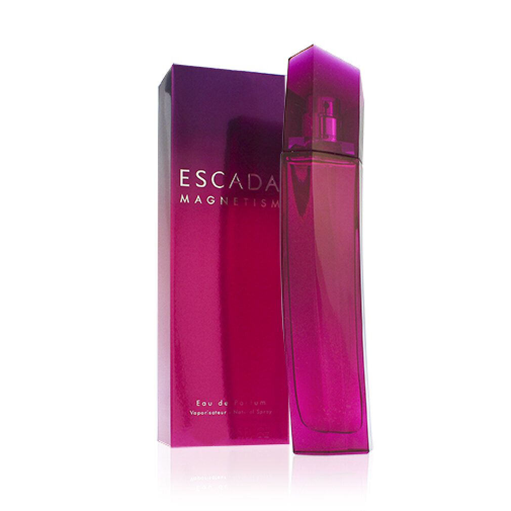 Flakon und Schachtel von Escada Magnetism. Flakon pink, kantig. Schachtel mit Farbverlauf von Lila nach Pink. Schriftzug Escada Magnetism.