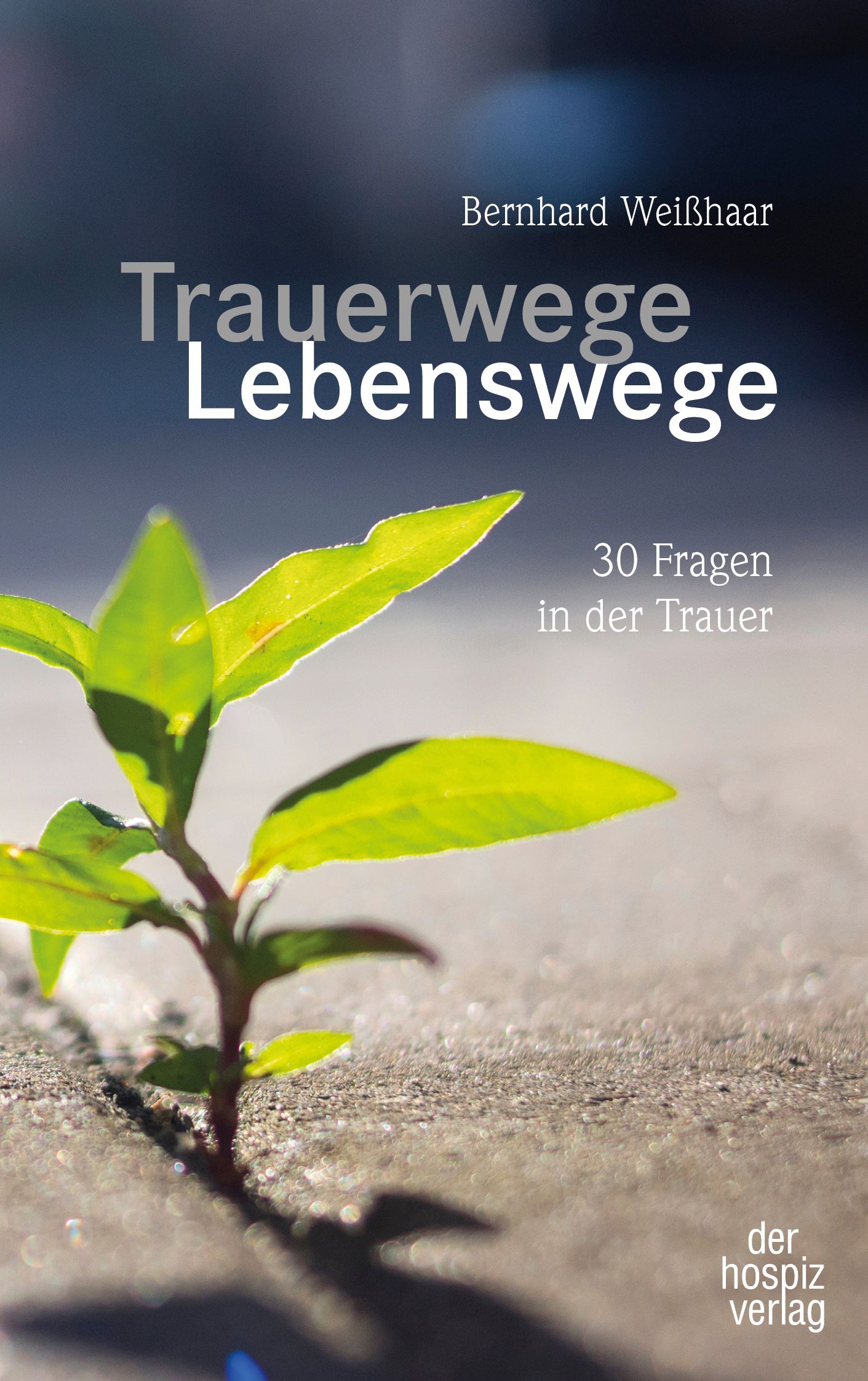 Buchcover mit Titel "Trauerwege Lebenswege" von Bernhard Weißhaar. Grüner Spross wächst aus Beton. Verlag: der hospiz verlag.