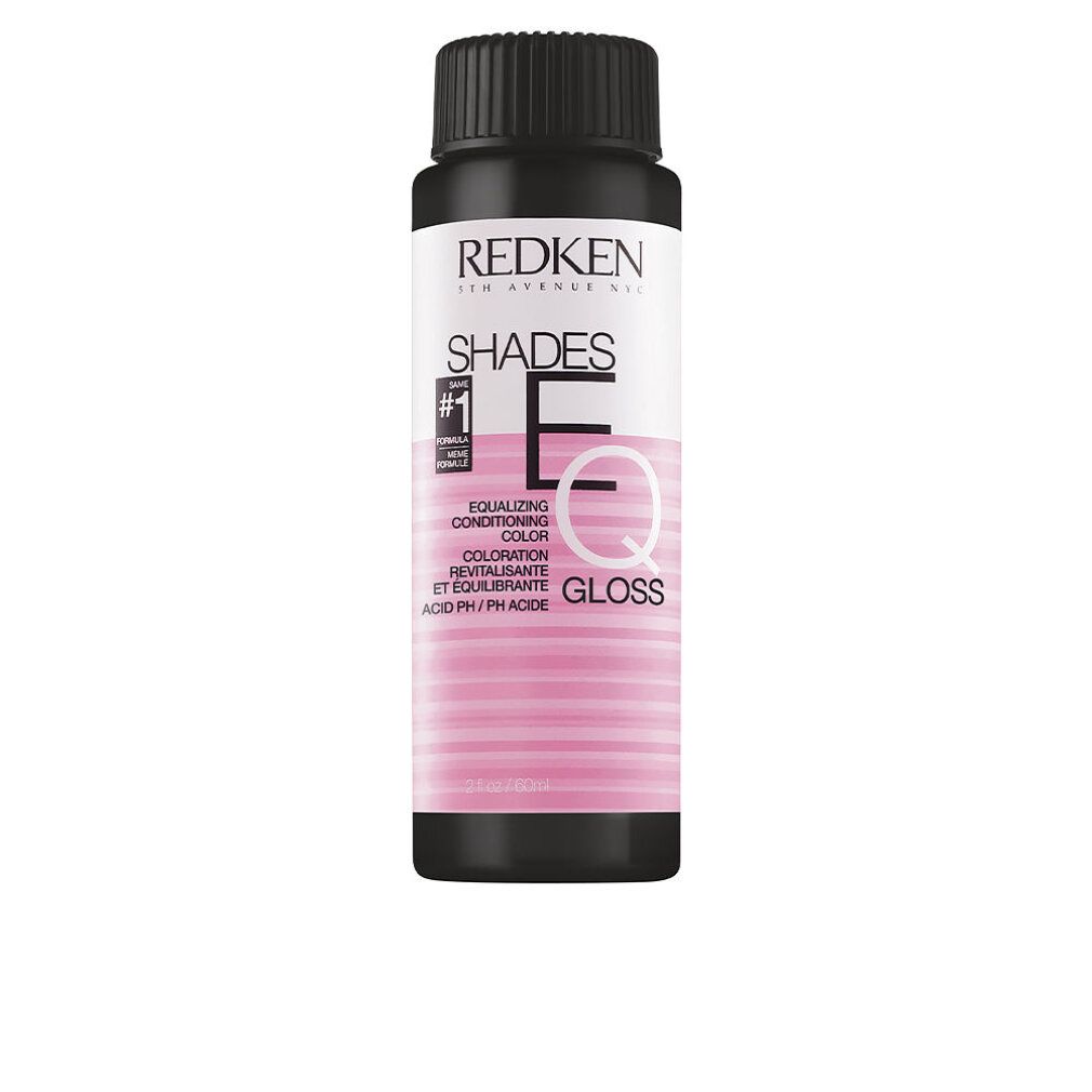 Flasche mit schwarzem Deckel. Aufschrift: REDKEN, SHADES EQ, EQUALIZING CONDITIONING COLOR, GLOSS. Rosa Farbstreifen.