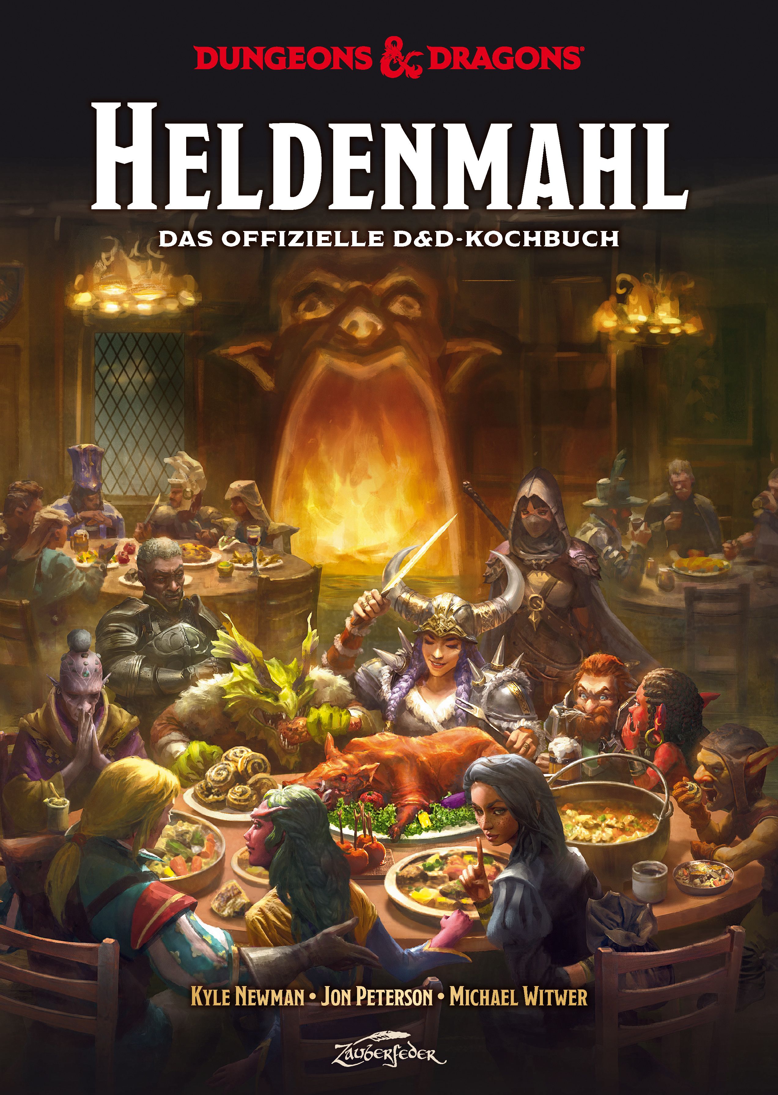 Buchcover: Dungeons & Dragons Heldenmahl. Titel in Großbuchstaben. Illustration von Personen an einem Tisch, Essen.