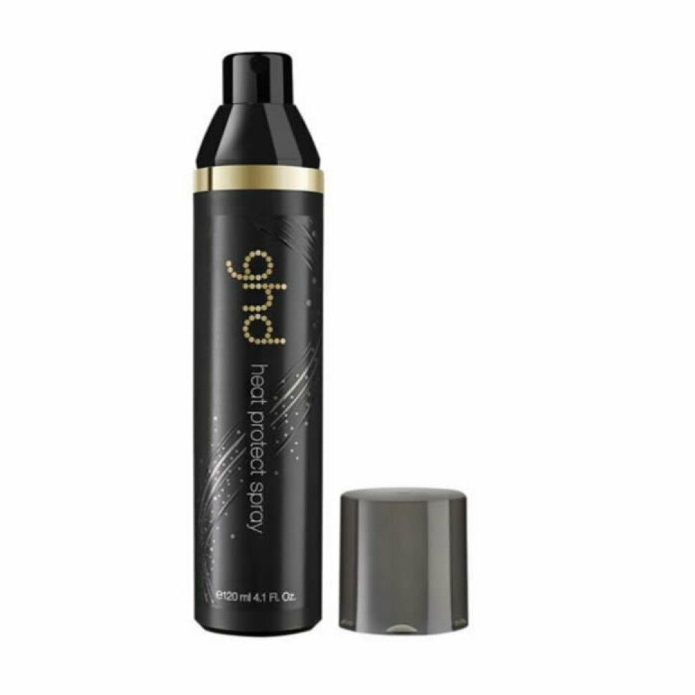 Ghd Style Hitzeschutzspray, Flasche mit abgenommenem Deckel, schwarzer Behälter mit goldenem Band.