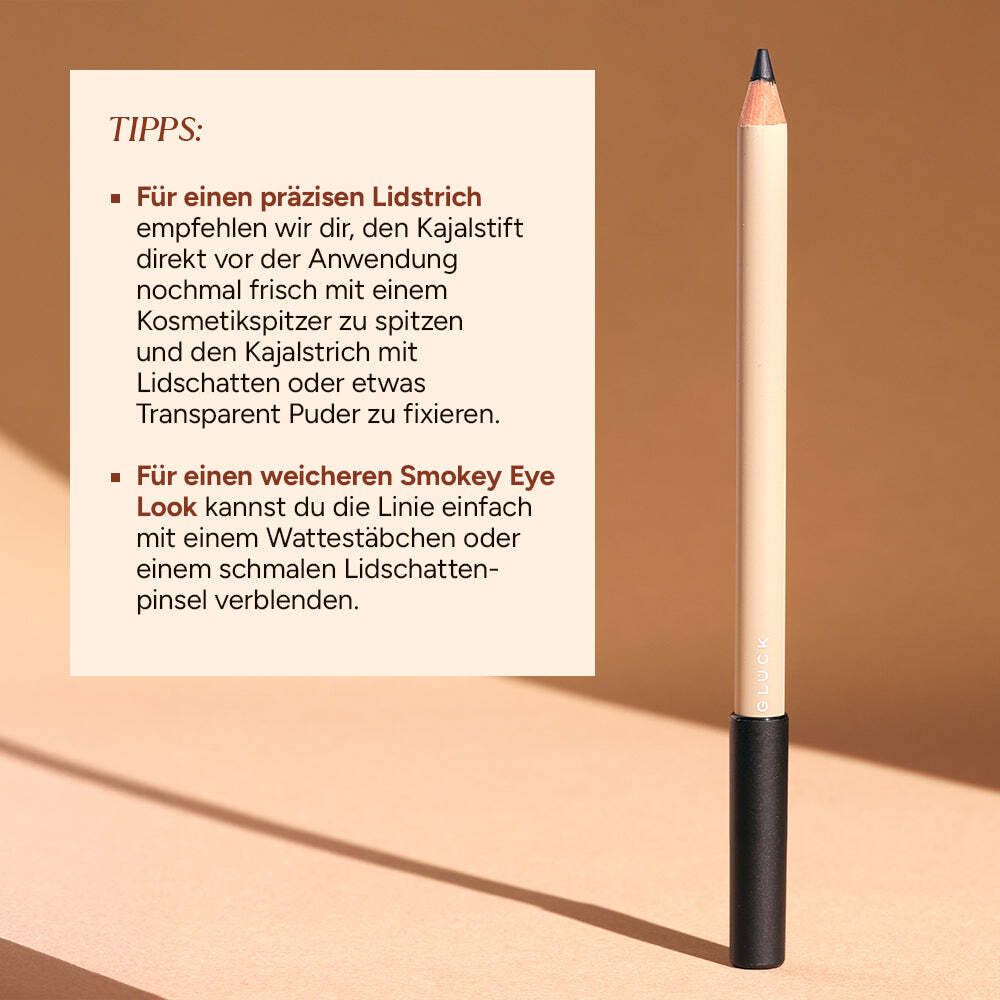 Kajalstift neben Text. Text: Tipps für präzisen Lidstrich und Smokey Eye Look.