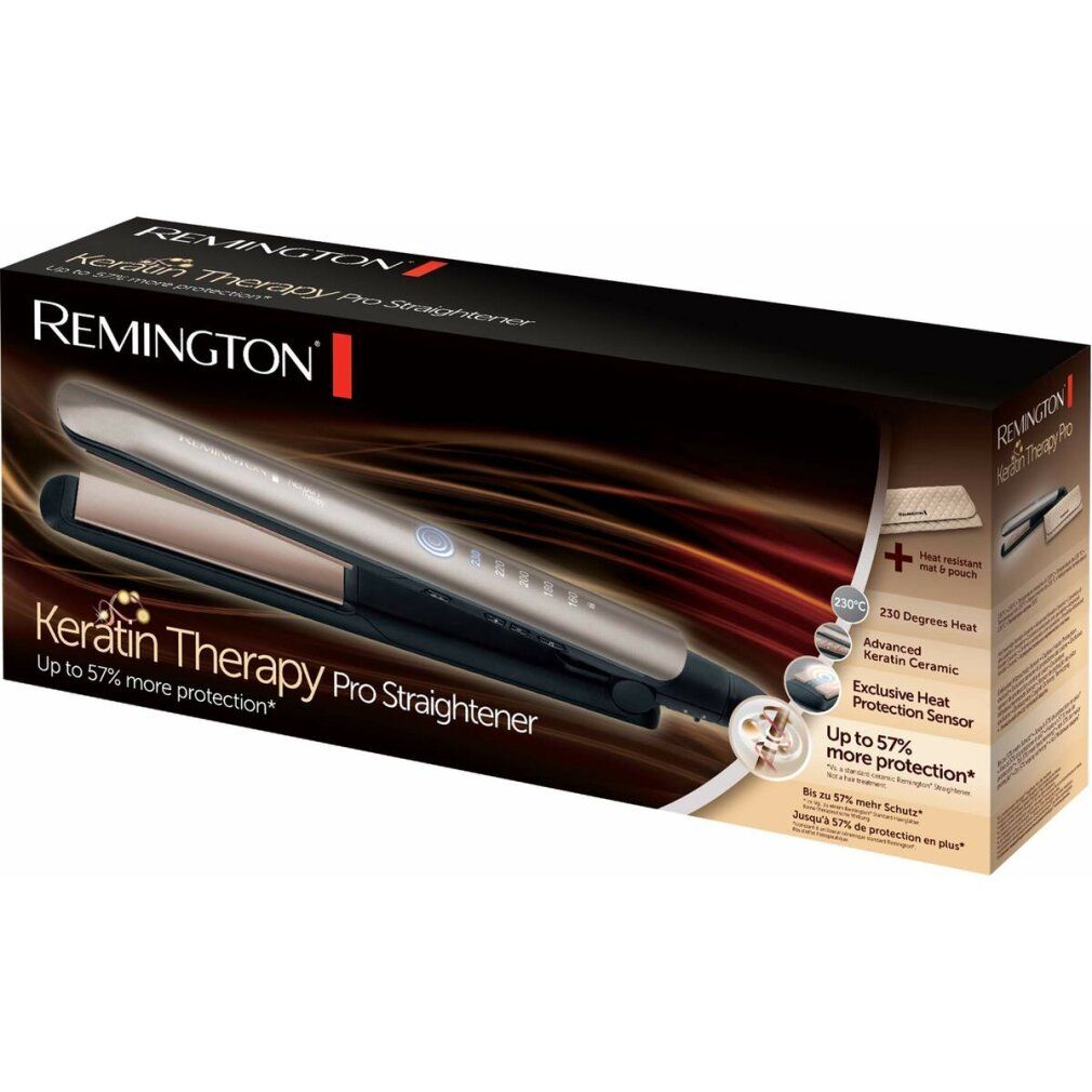 Produktverpackung mit Haarglätter. Marke: Remington. Text: Keratin Therapy Pro Straightener.