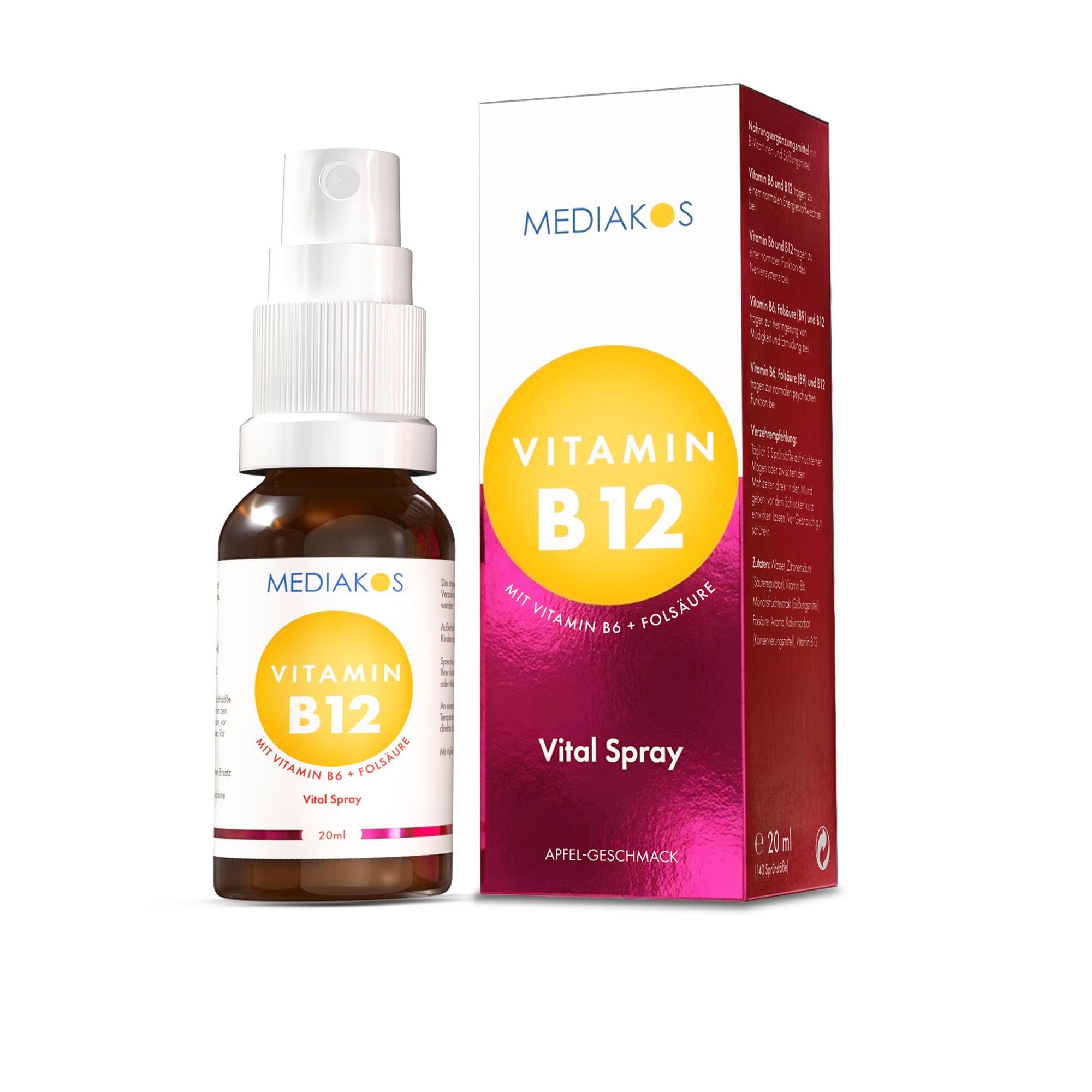 Braune Sprühflasche und Karton mit gelbem Kreis und Text. Vitamin B12 Vital Spray, Apfel-Geschmack. 20ml.
