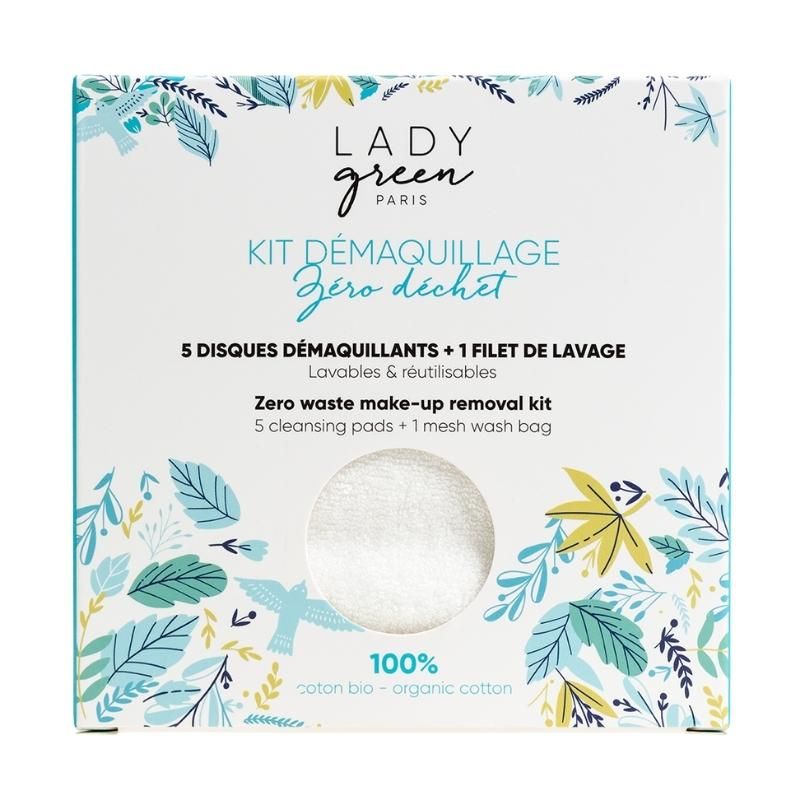 Weißer Karton mit floralem Muster. Text: Lady Green Paris, Kit Démaquillage Zéro Déchet, 5 Disques Démaquillants + 1 Filet de Lavage.