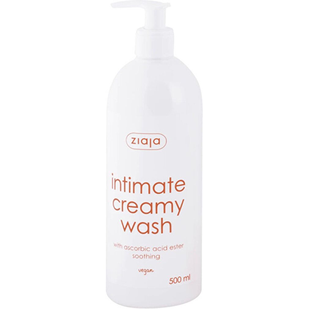 Weiße Flasche mit Dosierpumpe. Aufschrift: Intimate Creamy Wash, Ascorbinsäure, beruhigend, vegan. Marke: Ziaja.