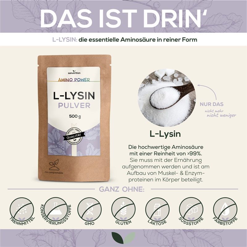 Produktverpackung L-Lysin Pulver, 500g. Brauner Beutel mit weißem Etikett. Zusätzliche Abbildungen: L-Lysin, Zutaten, und Logos.