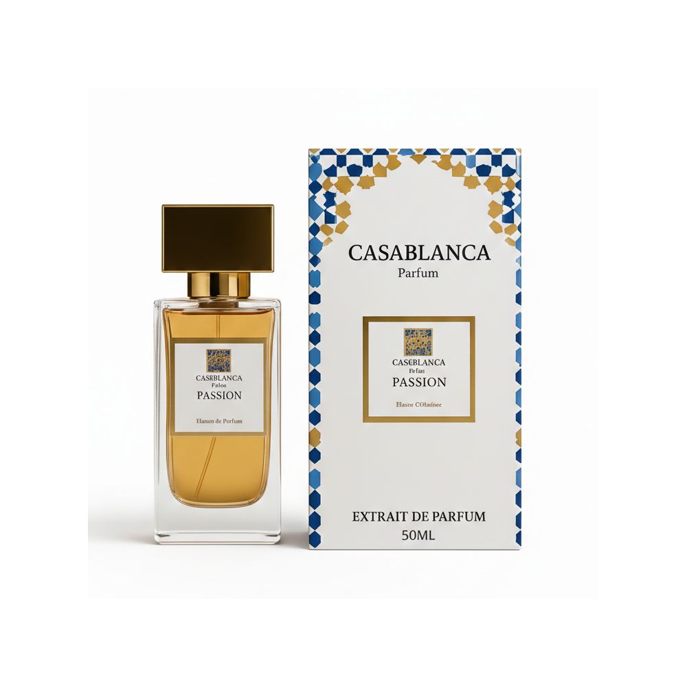 Glasflasche und Verpackung. Flasche mit goldfarbenem Verschluss. Verpackung mit "CASABLANCA Passion" und Muster.