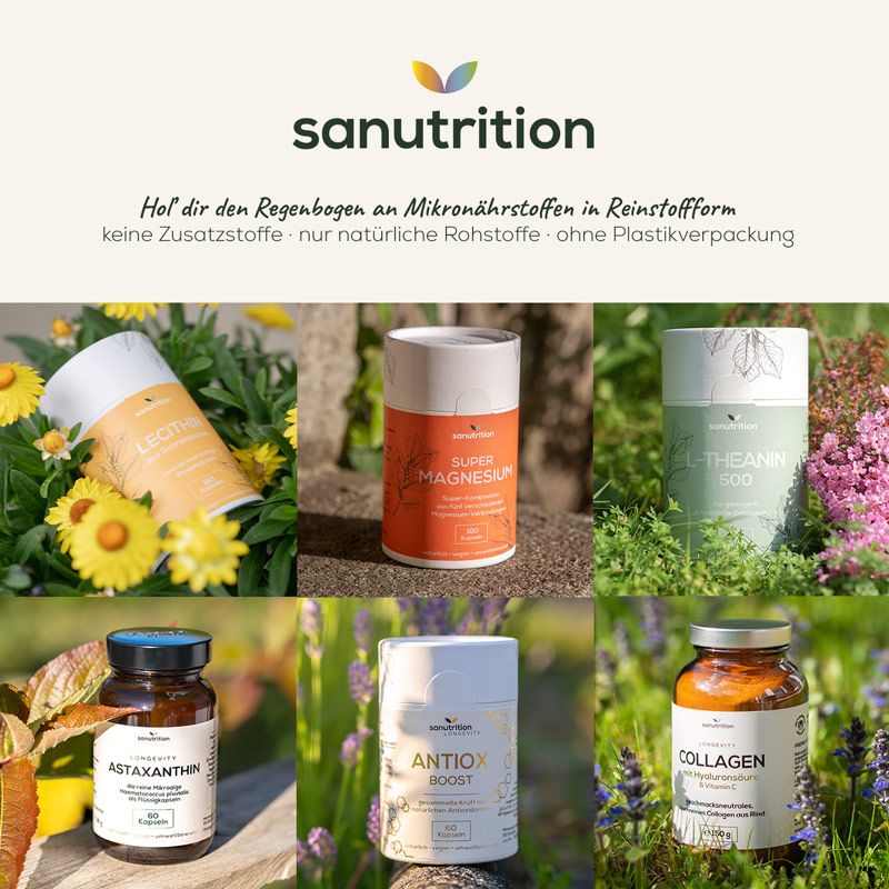 Verschiedene Produkte in Dosen und Flaschen. Aufschrift: sanutrition. Produkte: Leathin, Super Magnesium, L-Theanin 500, Astaxanthin, ANTIOX Boost, Collagen.