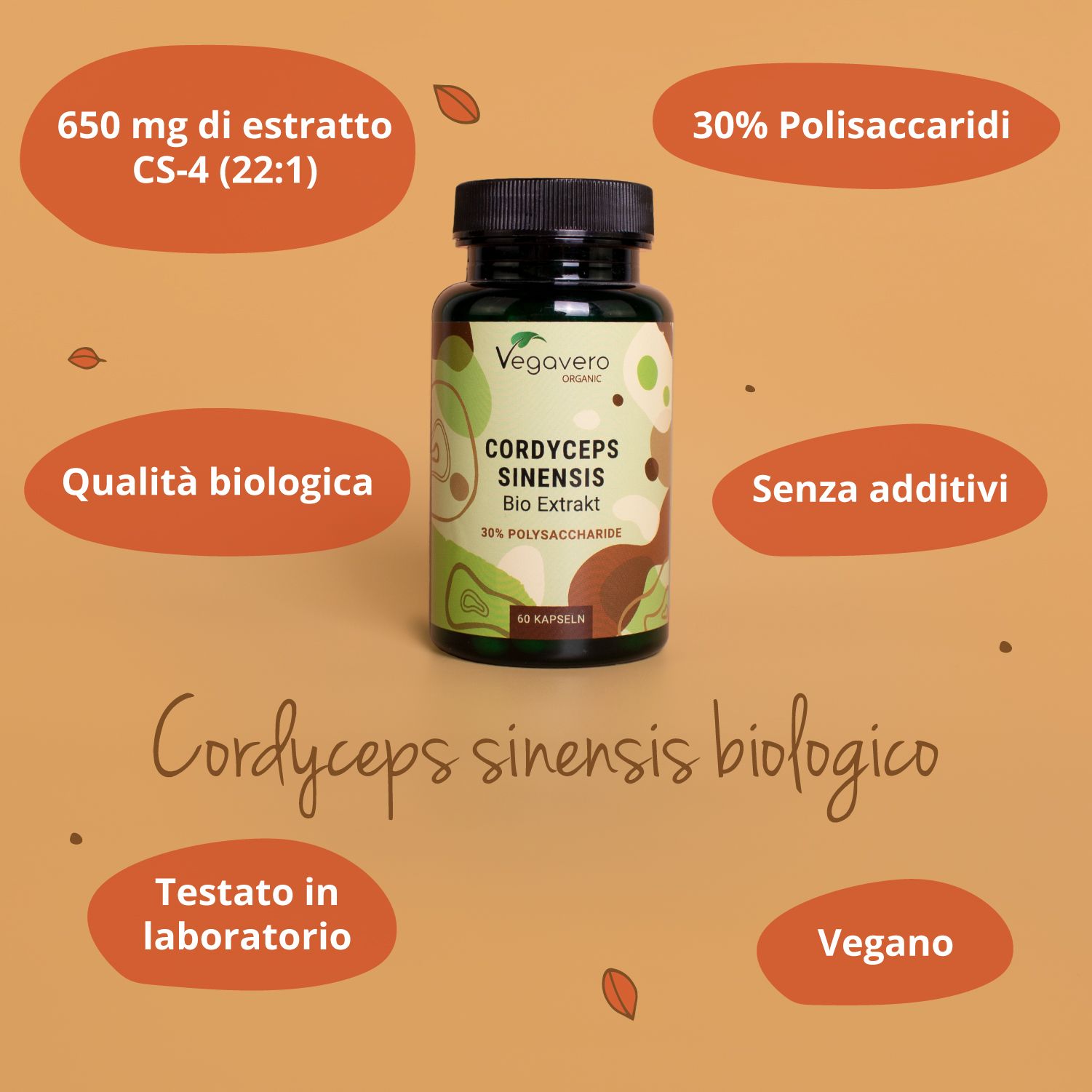 Flacone di capsule. Testo: Cordyceps Sinensis biologico, 30% Polisaccaridi, 650 mg di estratto CS-4. Vegano.