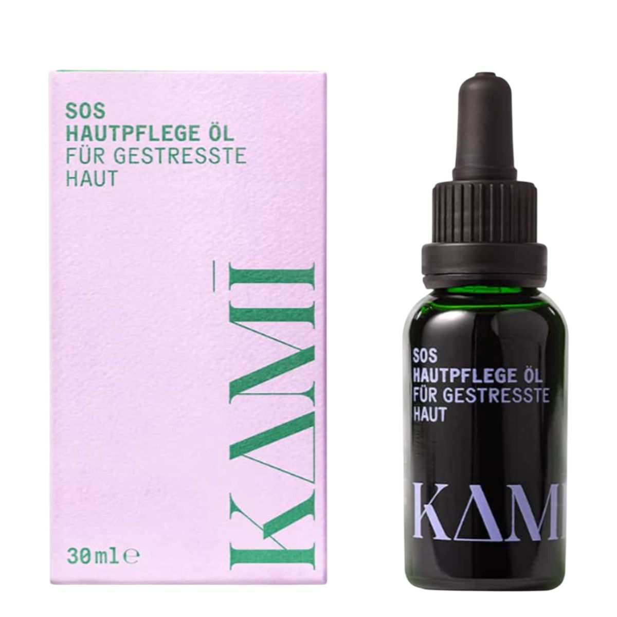 Grüne Glasflasche mit schwarzem Tropfer und rosa Verpackung. Aufschrift: SOS Hautpflege Öl für gestresste Haut. Marke: KAMI.