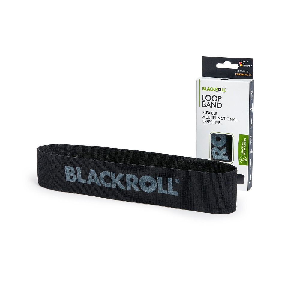 Schwarzes BLACKROLL Loop Band und Verpackung. Produktname und Logo deutlich sichtbar.