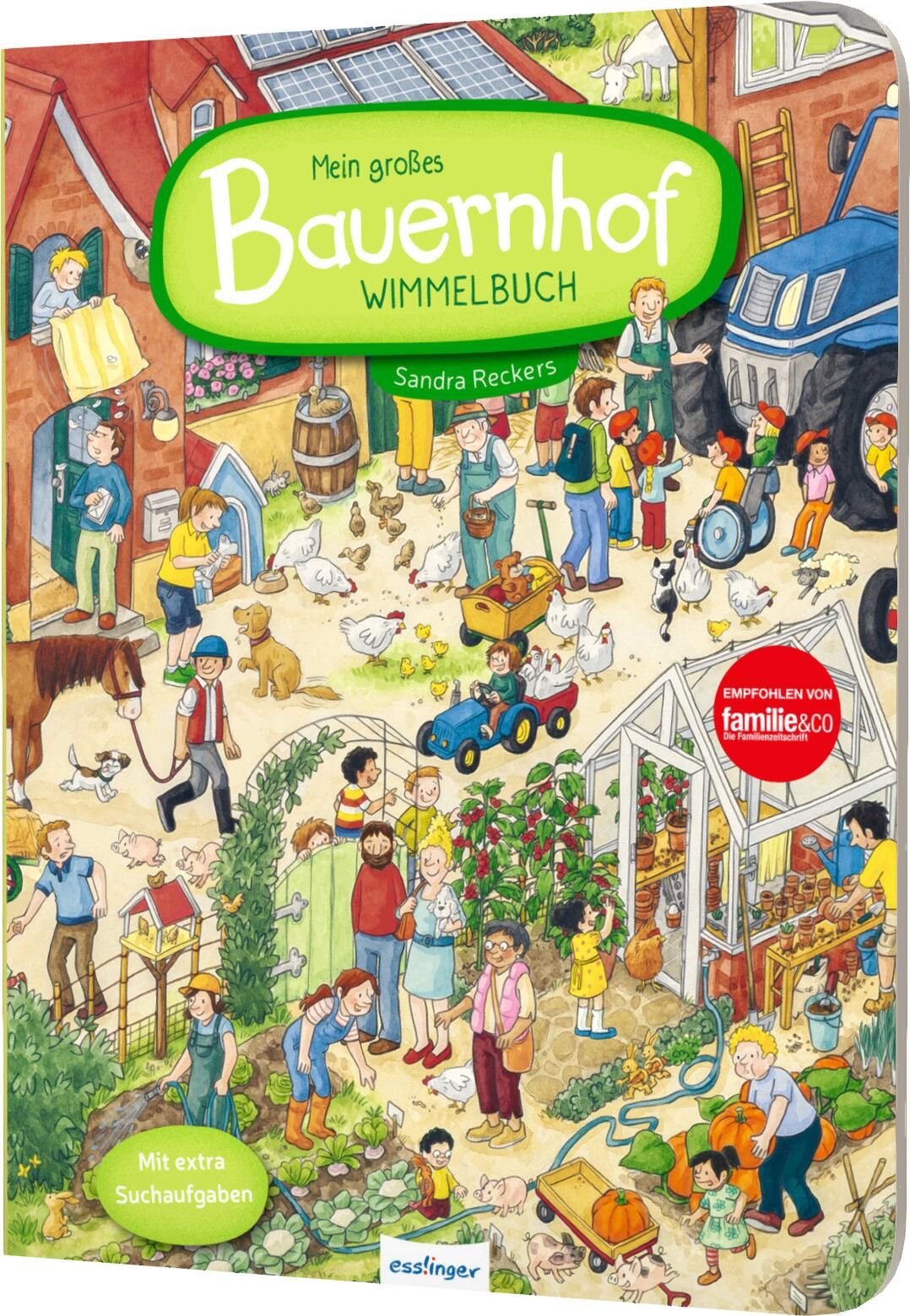 Buchcover: "Mein großes Bauernhof-Wimmelbuch". Illustration mit Bauernhofszene, Personen und Tieren. Esslinger-Verlag.