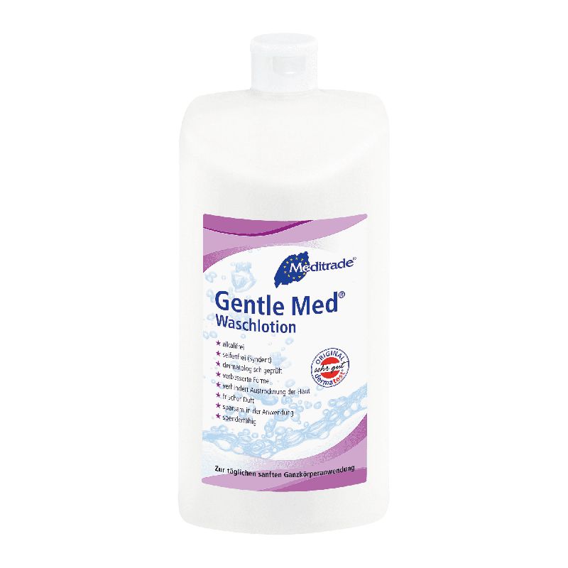 Weiße Flasche mit Meditrade Gentle Med® Waschlotions-Etikett, das Inhaltsstoffe und Anwendungshinweise auflistet.