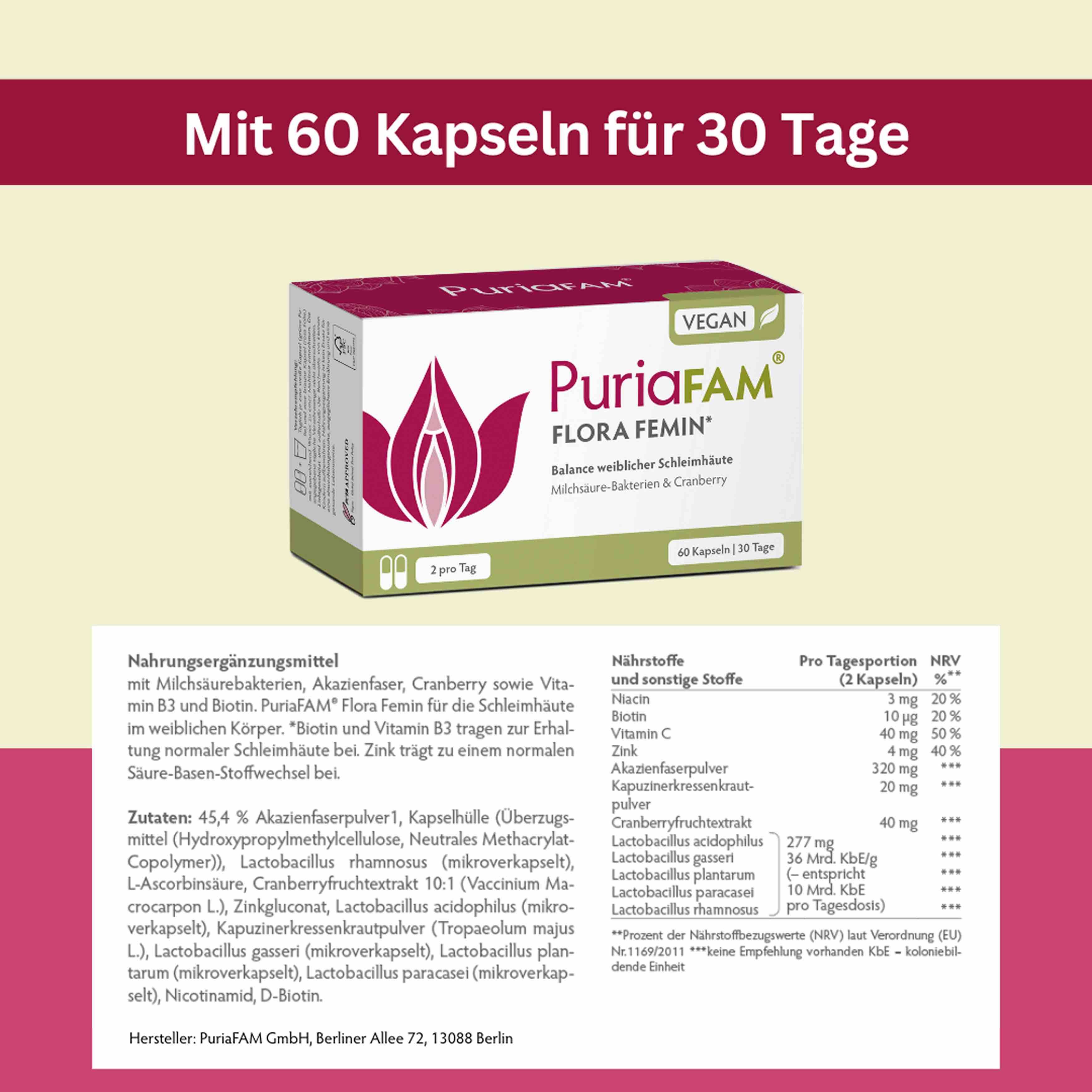 PuriaFAM Flora Femin Packung. Text: Mit 60 Kapseln für 30 Tage. Inhaltsstoffe und Nährwerttabelle. Vegan-Logo. Aufschrift: 2 pro Tag.