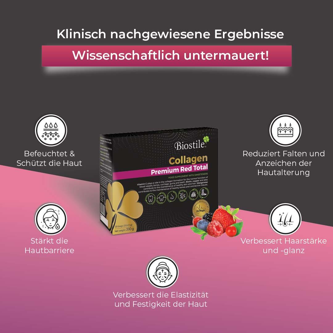 Infografik: "Biostile Collagen Premium Red Total"-Verpackung. Vorteile: Haut, Falten, Haar, Elastizität.