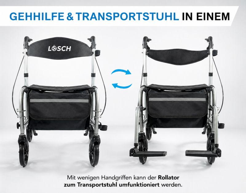 Rollator & Rollstuhl Twin. Schwarzer Sitz, silberner Rahmen. Kann umfunktioniert werden. Text: Gehhilfe & Transportstuhl in einem.
