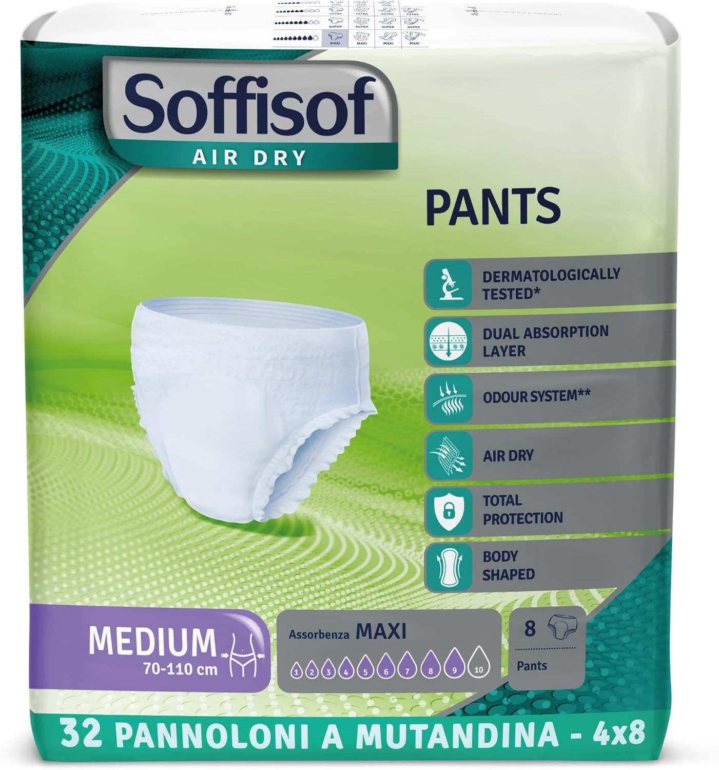 Soffisof Pants Maxi. Pannoloni a mutandina bianchi. Confezione con informazioni sul prodotto. Taglia Medium.