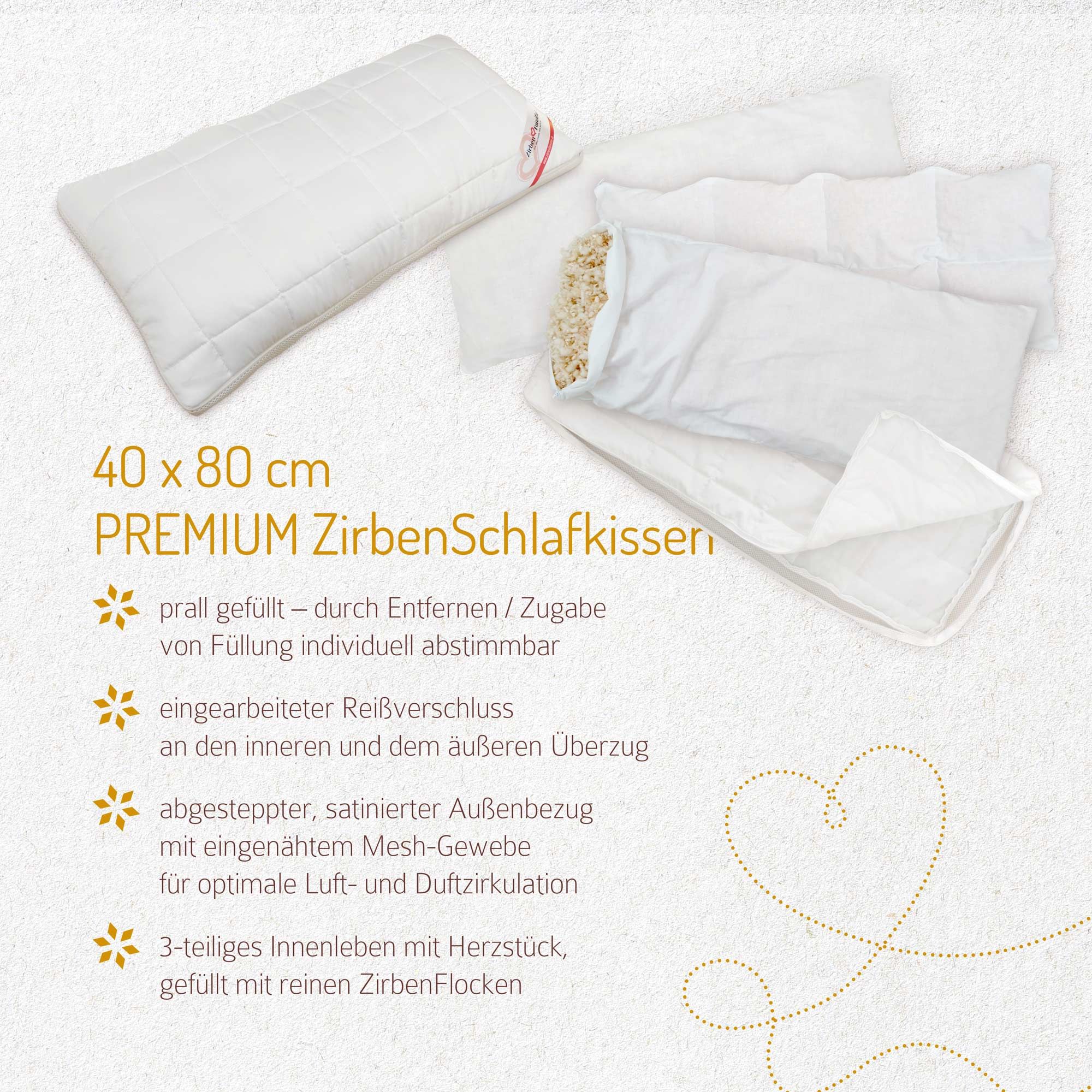Weißes Kissen, 40x80 cm. Reißverschluss. Innenleben mit Zirbenflocken. Außenbezug gesteppt.