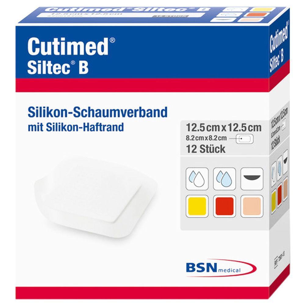 Verpackung von Cutimed Siltec B. Silikon-Schaumverband mit Haftrand. 12 Stück, 12.5 x 12.5 cm. BSN medical.