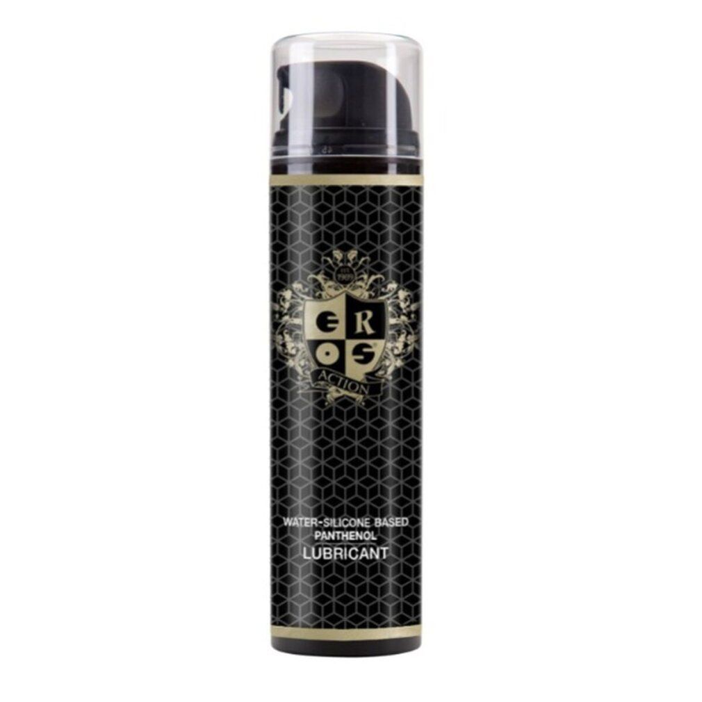 Zylindrische Flasche mit schwarzem Etikett. Aufschrift: EROS ACTION, WATER-SILICONE BASED PANTENOL LUBRICANT. Transparenter Pumpkopf.