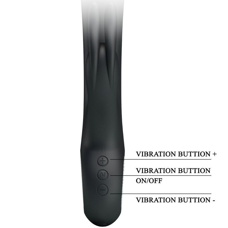 Nahaufnahme des Vibrator-Endes mit drei Knöpfen und Beschriftungen: Vibration Buttion +, On/Off, Vibration Buttion -.
