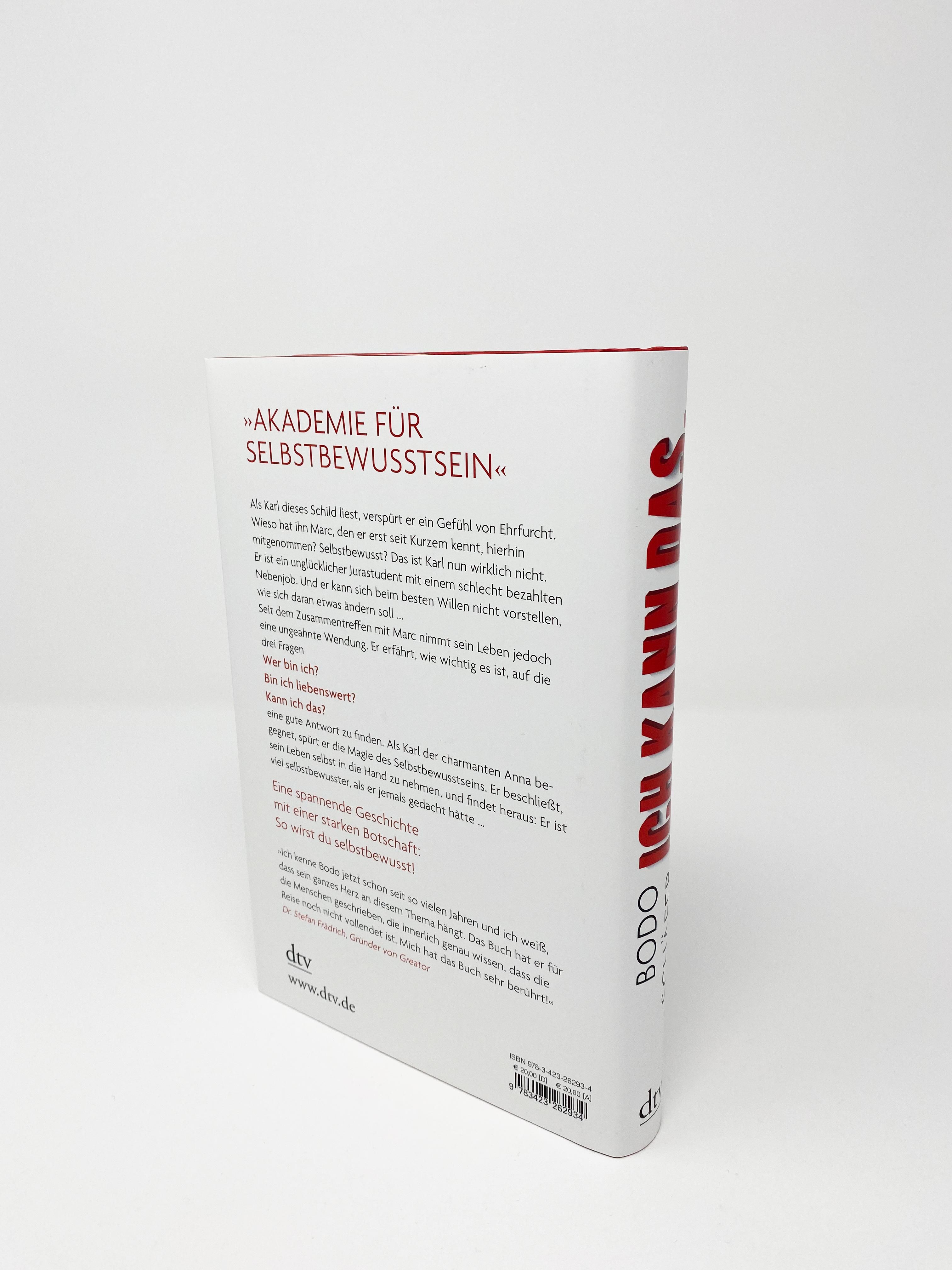 Buch "ICH KANN DAS." von Bodo Schäfer, Rückseite. Text und Logo. Roter Titel auf weißem Cover.