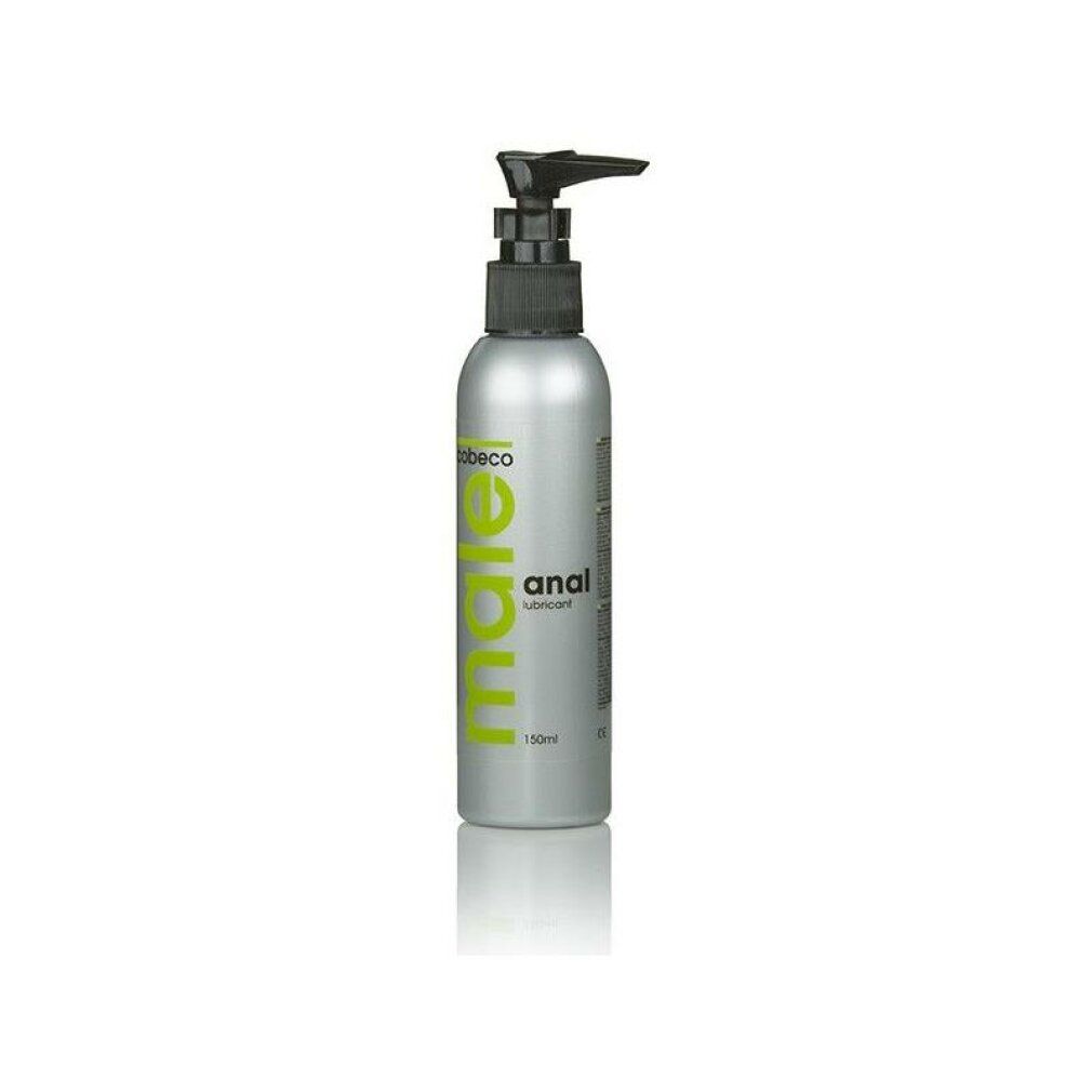 Silberne Flasche mit schwarzem Pumpkopf. Aufschrift: male anal lubricant. Marke: Cobeco.