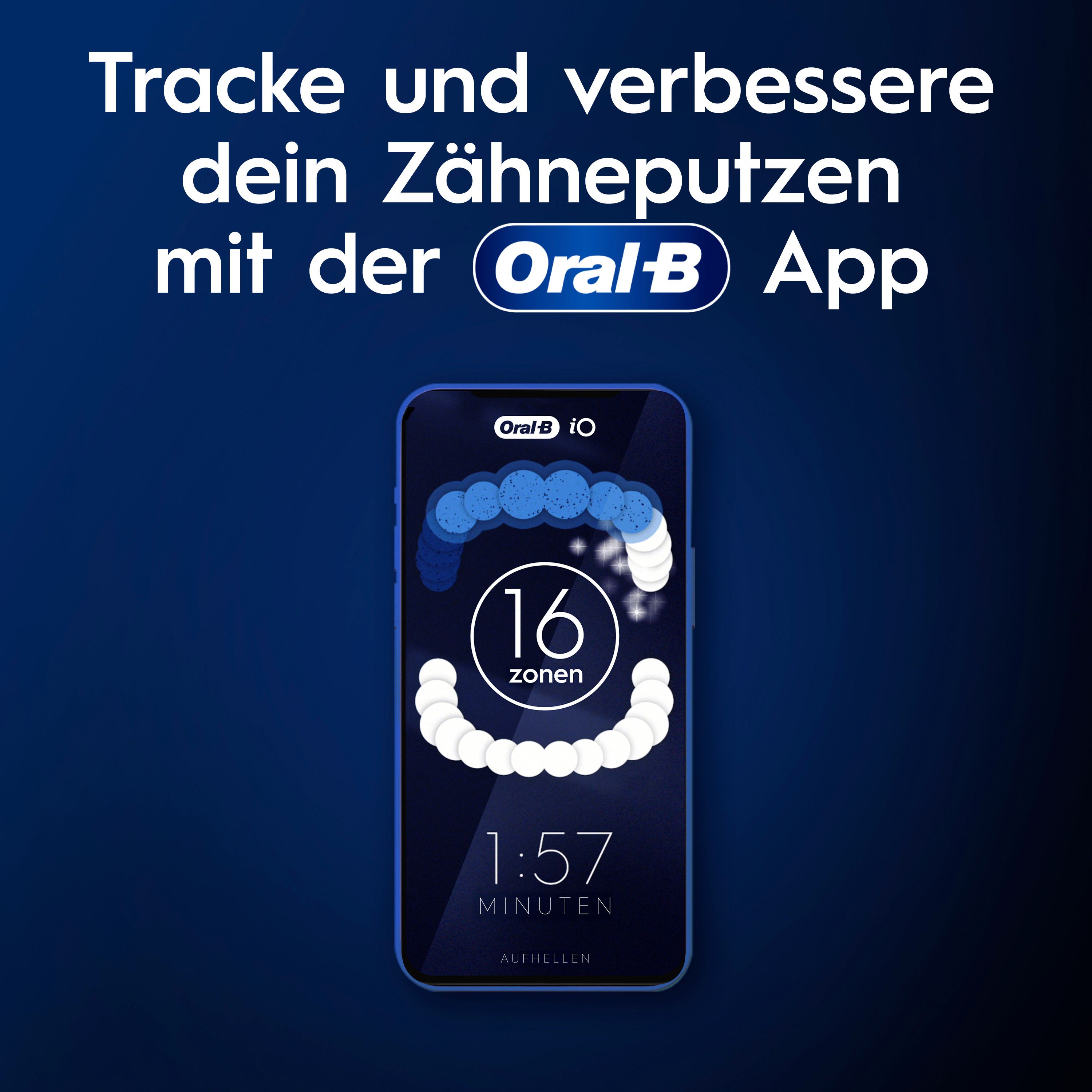 Smartphone-App mit Zahnbürsten-Tracking. Oral-B App. Anzeige von 16 Zonen und Putzzeit. Text: Tracke und verbessere dein Zähneputzen.