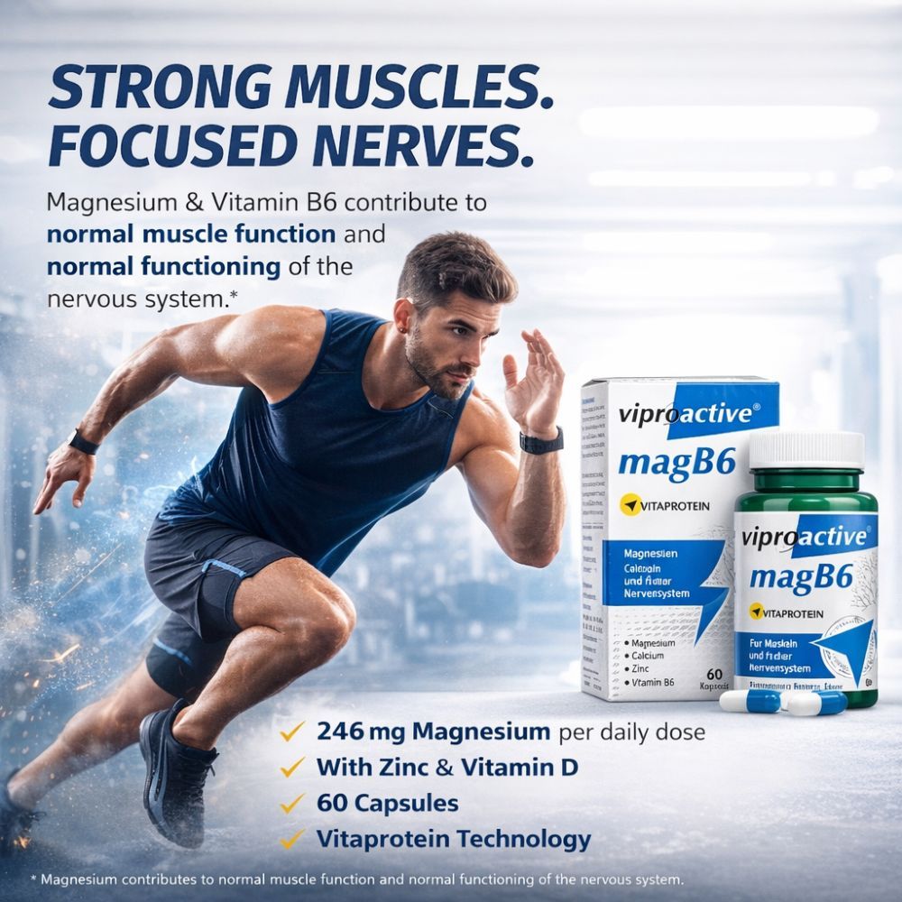 Mann rennt. Viproactive® magB6-Verpackung und Flasche. 246 mg Magnesium, Zink, Vitamin D. 60 Kapseln.