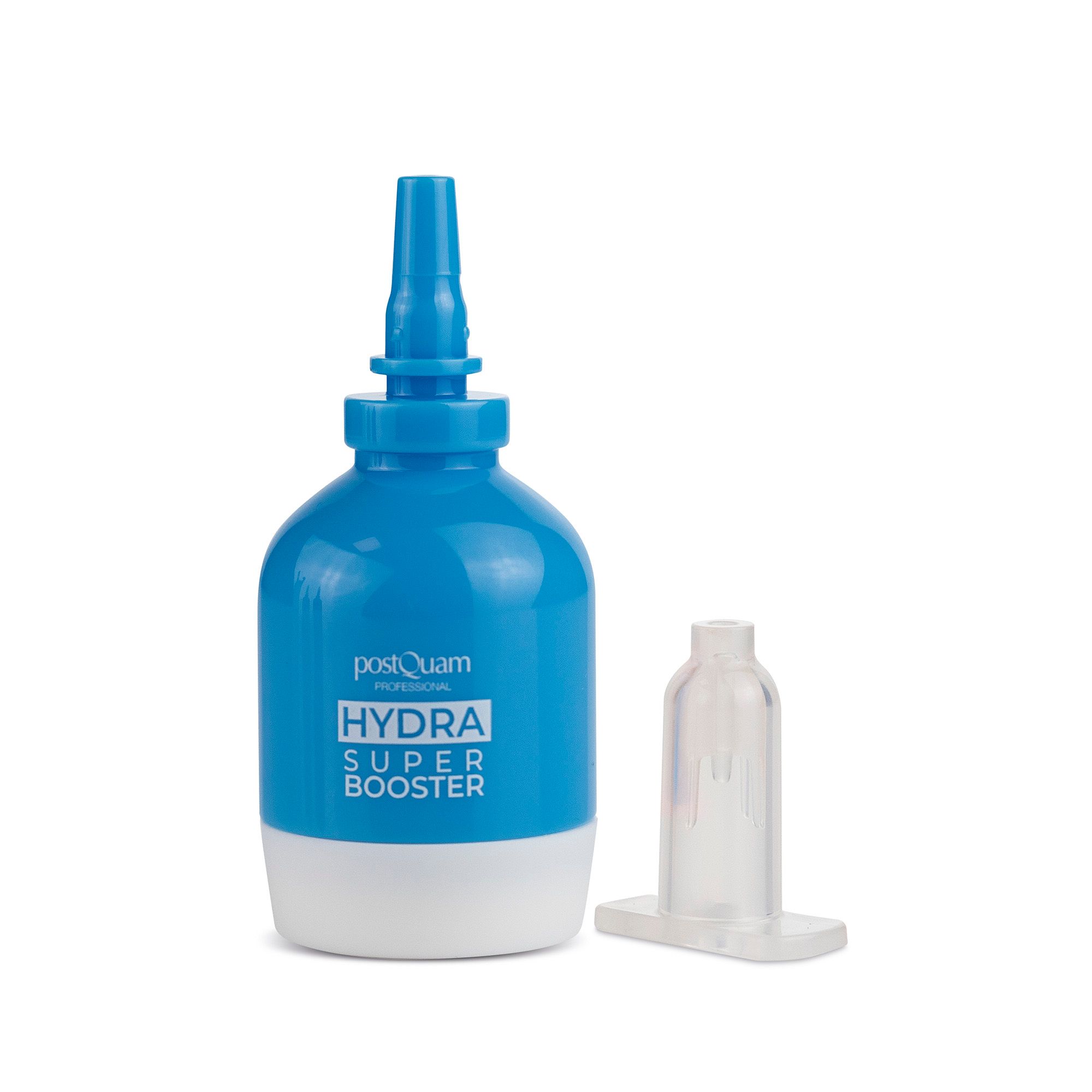 Blau-weiße Flasche mit Aufsatz und separatem transparenten Aufsatz. Beschriftung: PostQuam HYDRA SUPER BOOSTER.