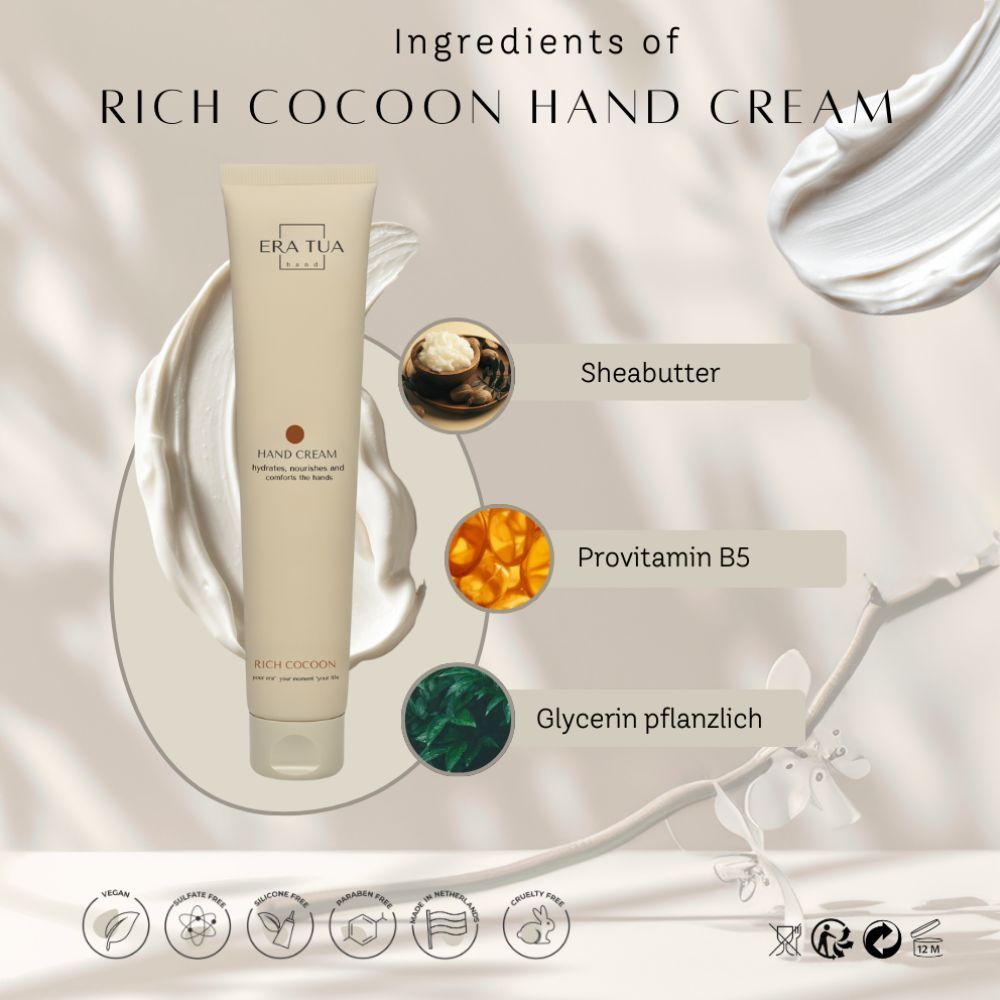 Eine Tube Handcreme mit Sheabutter, Provitamin B5 und pflanzlichem Glycerin. Mehrere Siegel unten.