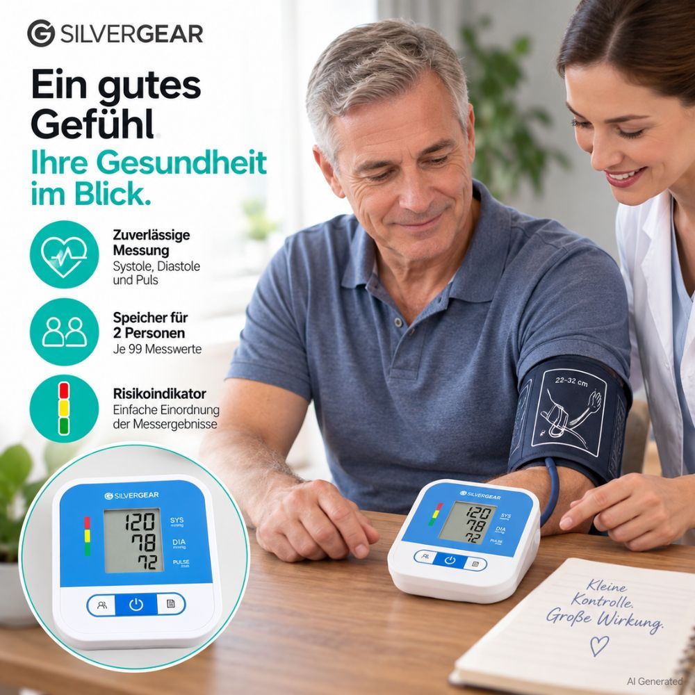 Mann misst Blutdruck mit Silvergear Oberarm-Blutdruckmessgerät, Arzt assistiert.