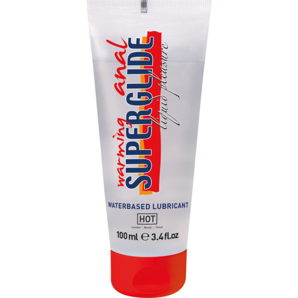Transparentes Gel in Tube. Schriftzug SUPER GLIDE, darunter WATERBASED LUBRICANT und HOT. Roter Verschluss.