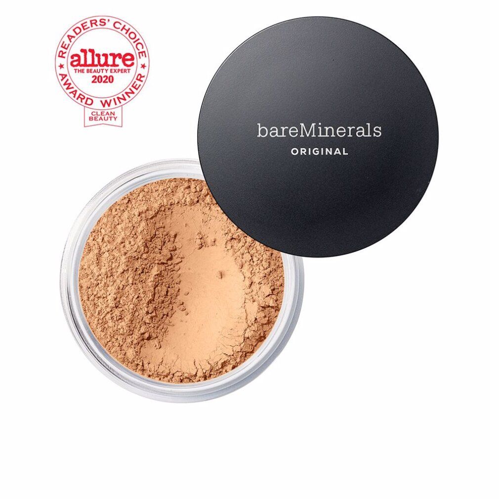 Offener, runder Behälter mit losem Puder. Schwarzer Deckel mit "bareMinerals ORIGINAL". Oben links: Allure Award 2020.