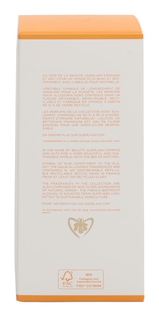 Rückseite der Verpackung. Text in Englisch und Französisch. FSC-Logo. Mix-Logo. Text: Au nom de la beauté, Guerlain s'engage.
