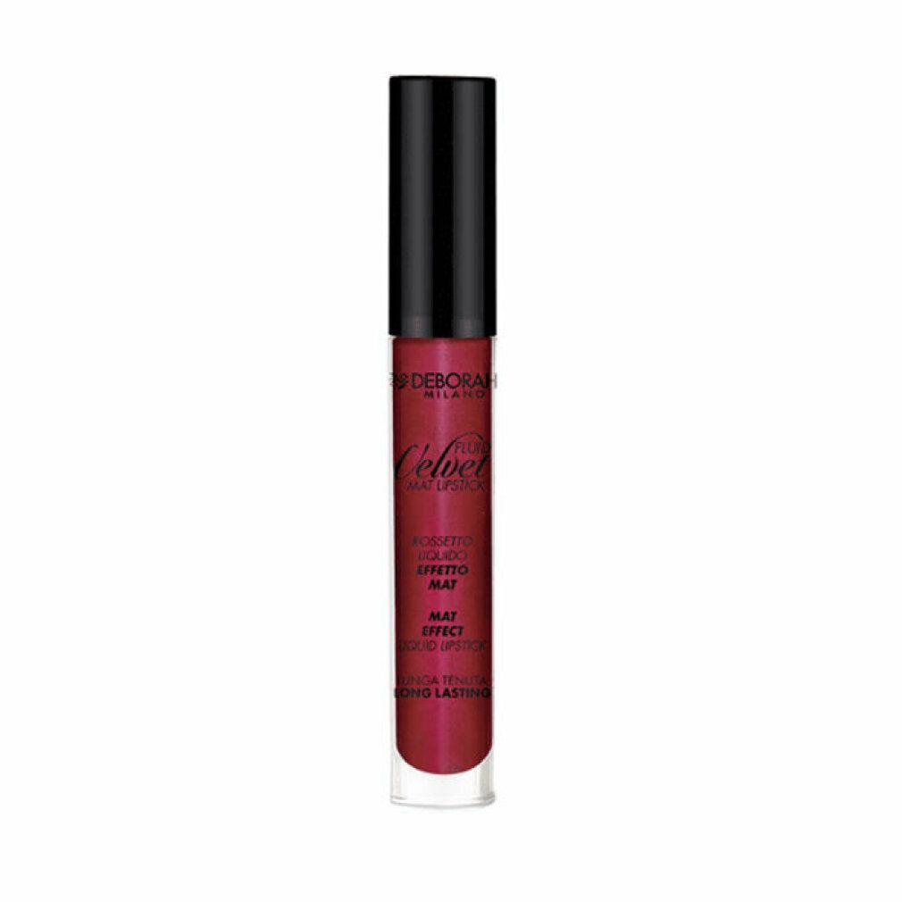Flüssiger Lippenstift Deborah Milano Velvet, rot. Schwarzer Deckel, transparente Hülle. Produkt aufrecht.