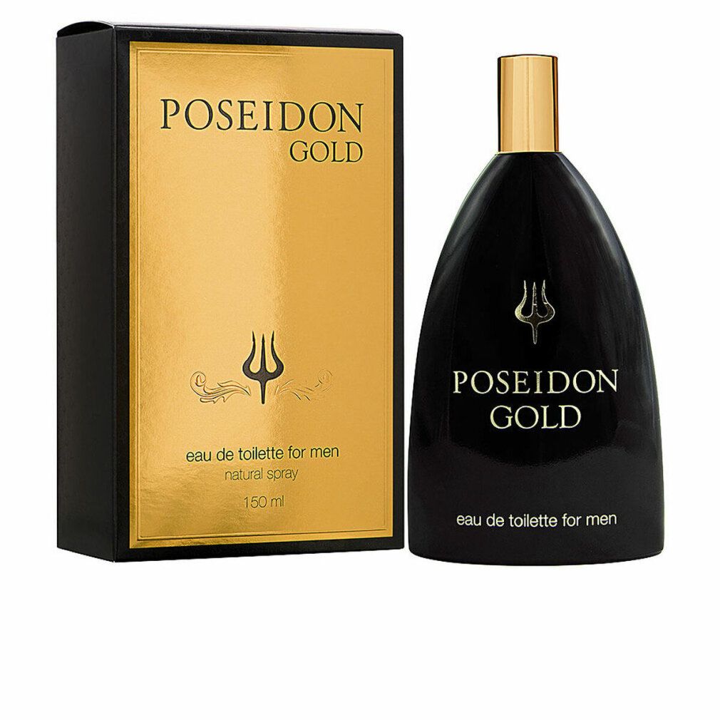 Poseidon Gold Eau de Toilette Spray für Männer, 150 ml. Schwarze Flasche mit goldenem Etikett und Kappe.