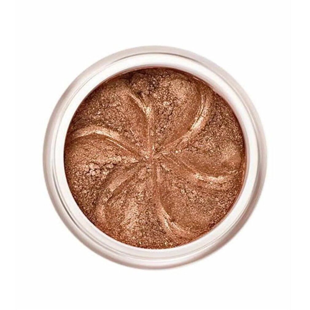 Runder, offener Behälter mit Lily Lolo Bronze Sparkle Lidschatten. Bronzefarbener Lidschatten mit spiralförmigem Muster.