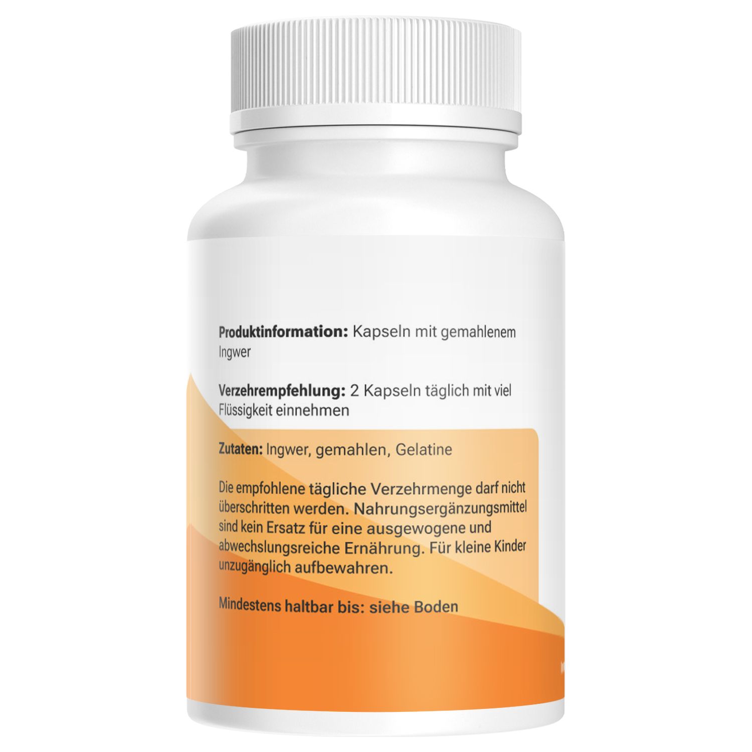 Rückseite einer Flasche mit Ingwer-Kapseln. Produktinformationen: Kapseln mit gemahlenem Ingwer. Zutaten: Ingwer, Gelatine. Mindestens haltbar bis: siehe Boden.