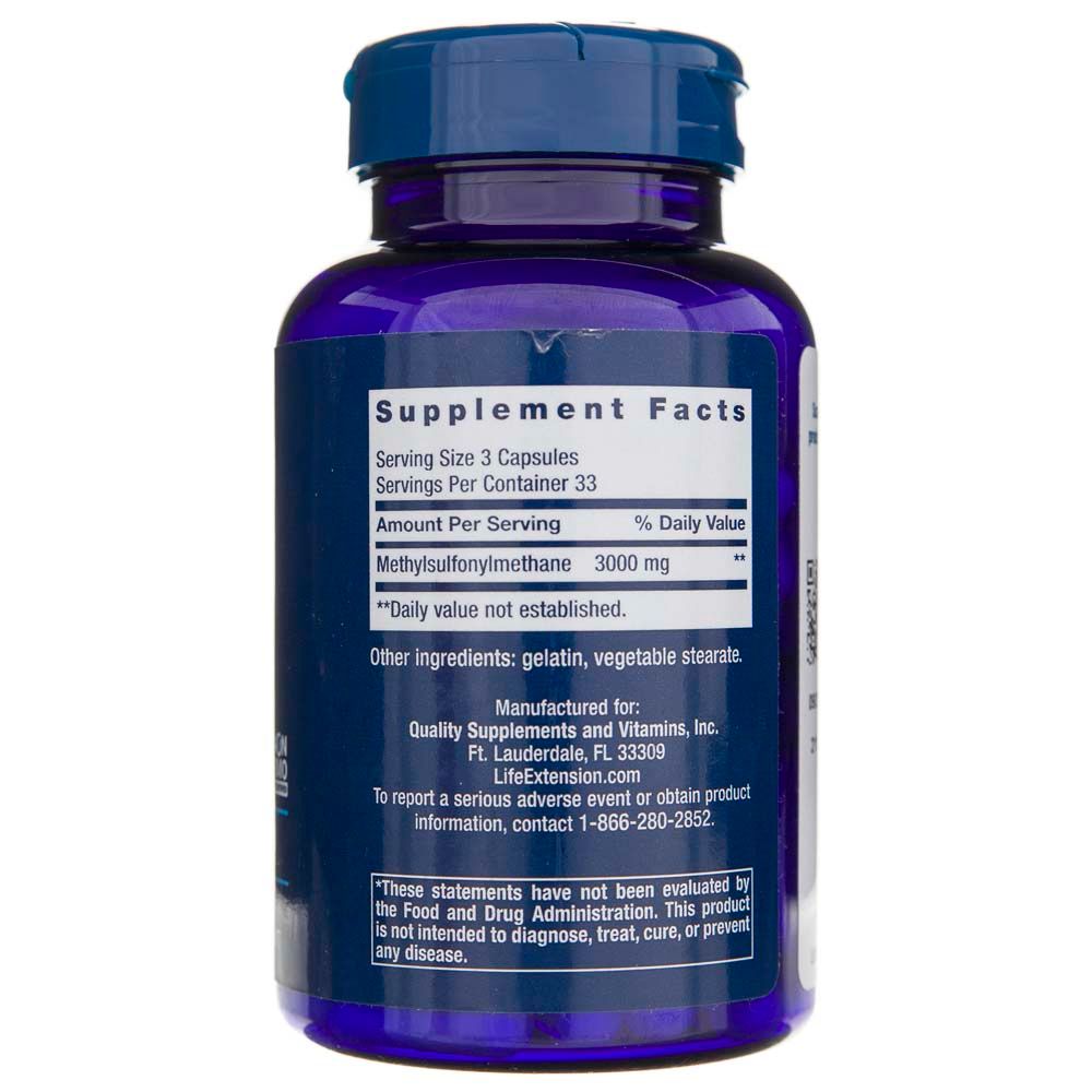 Rückseite der Life Extension MSM 1000 mg Flasche mit Nährwertangaben und Herstellerinformationen.