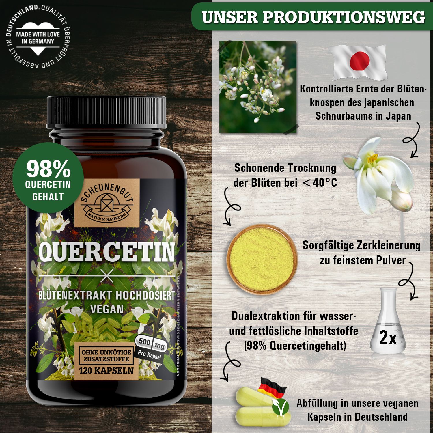 Braune Flasche mit Quercetin-Kapseln. Aufschrift: Scheunengut, Quercetin, 98% Gehalt, 120 Kapseln. Vegan. Hergestellt in Deutschland.